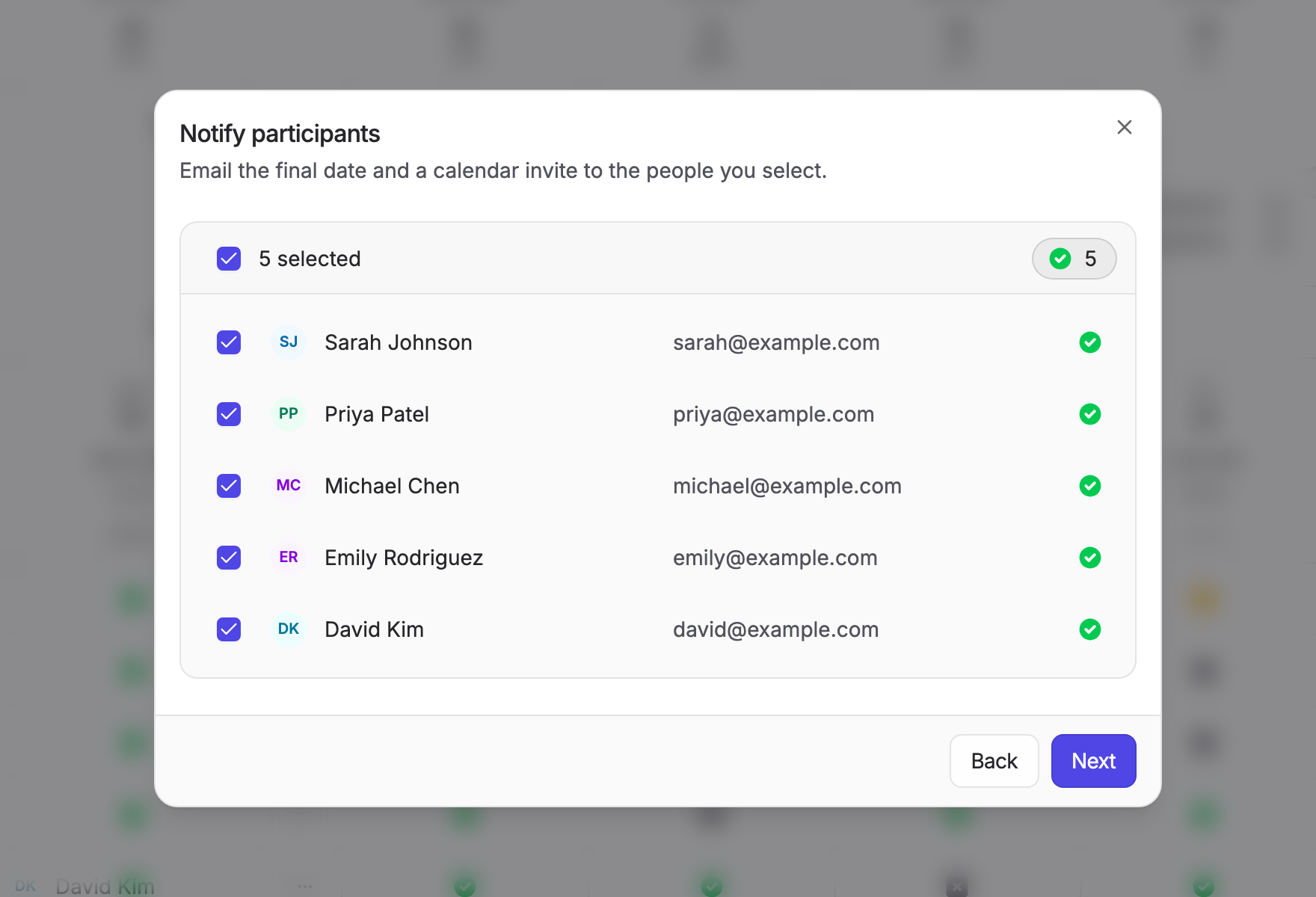 The Notify participants step, with five participants selected and how each of them voted on the chosen date
