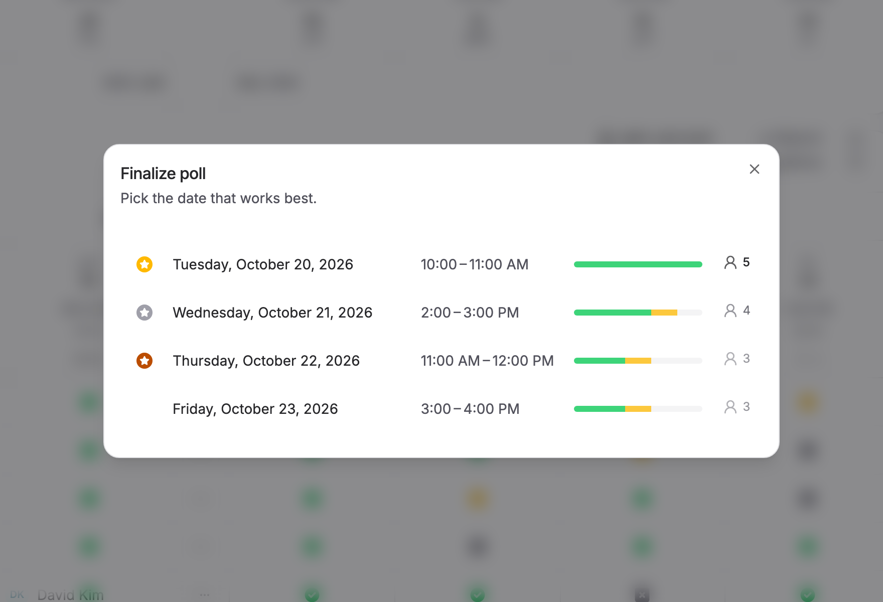 The first step of the Finalize dialog, listing four dates ranked by how many participants can make them