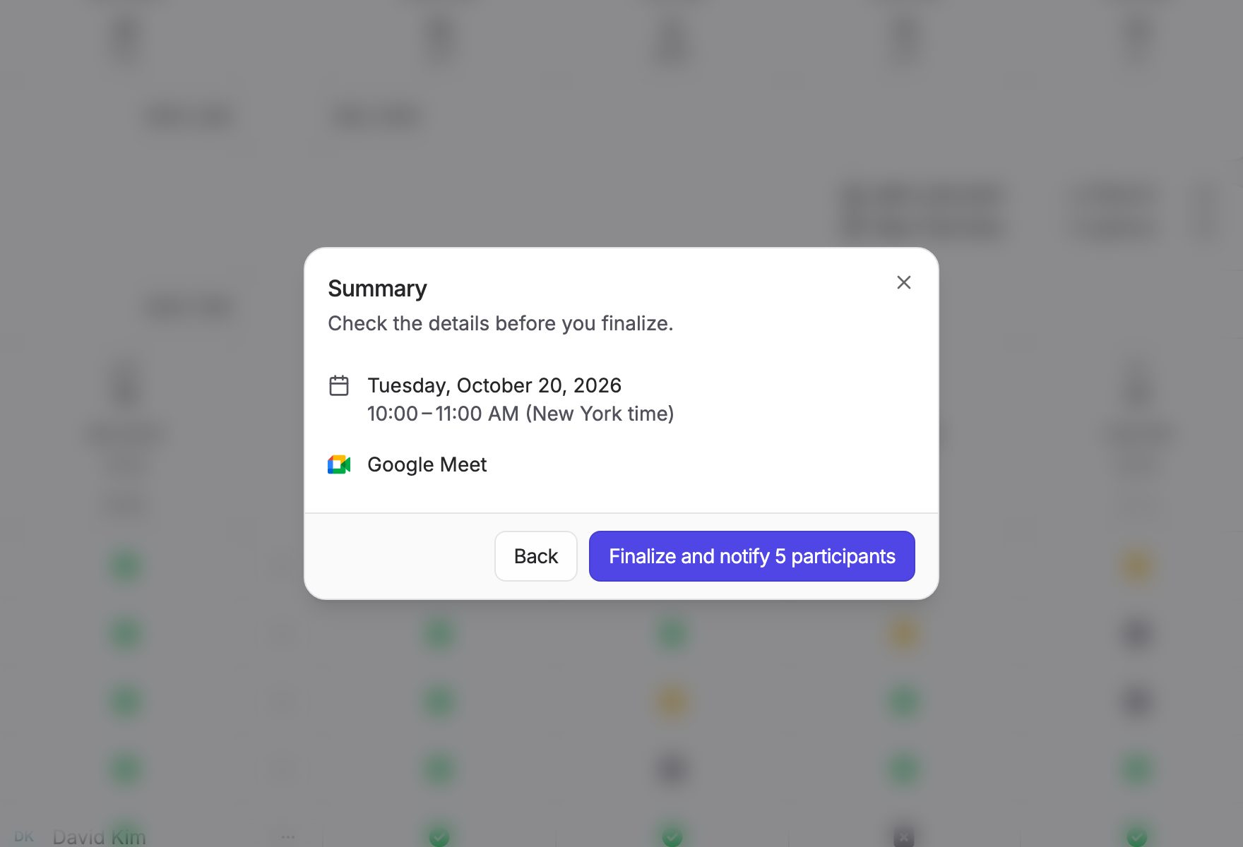 The Summary step, showing the chosen date and a Google Meet video call before finalizing