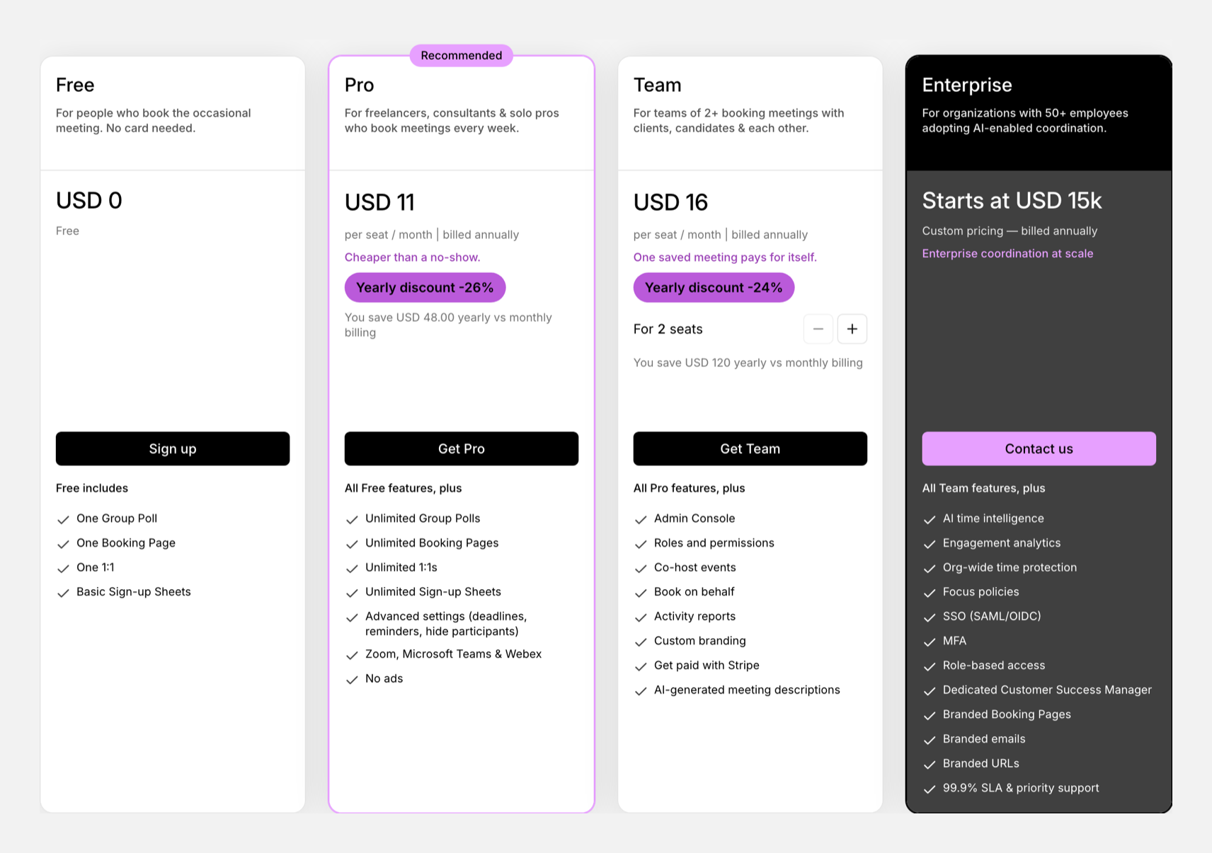 Doodle's pricing page in September 2026, showing the free plan limited to one group poll