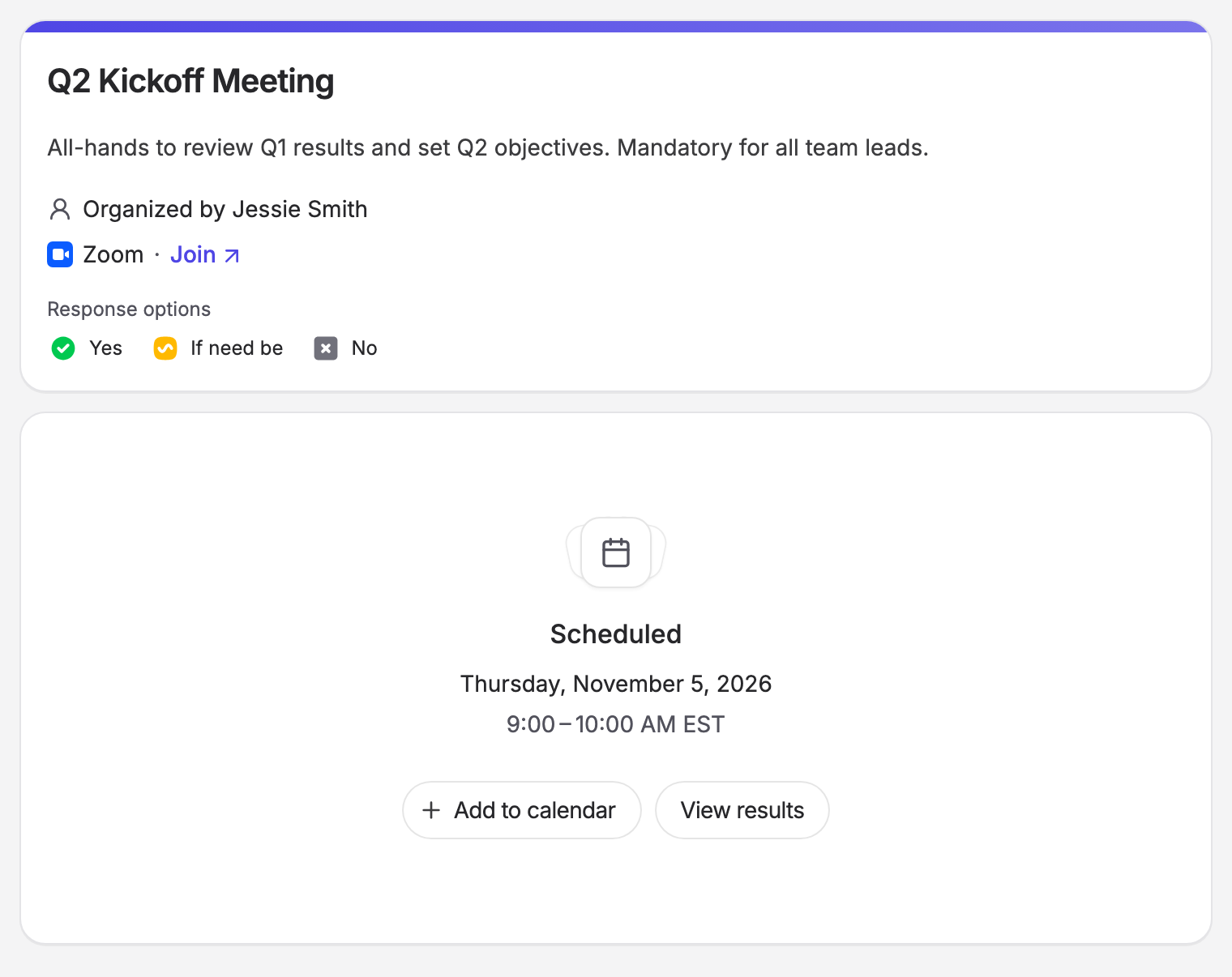 A finalized poll showing a Zoom call with a Join link above the scheduled date